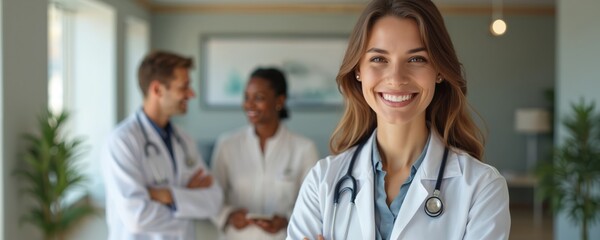 Doctors, nurses in hospital room. Smiling female physician consults patients. Woman in white lab coat holds stethoscope, speaks with colleagues. Spacious room, white curtain in background. Medical