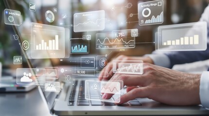 Businessman Analyzing Data on Laptop with Futuristic Interface Overlay.