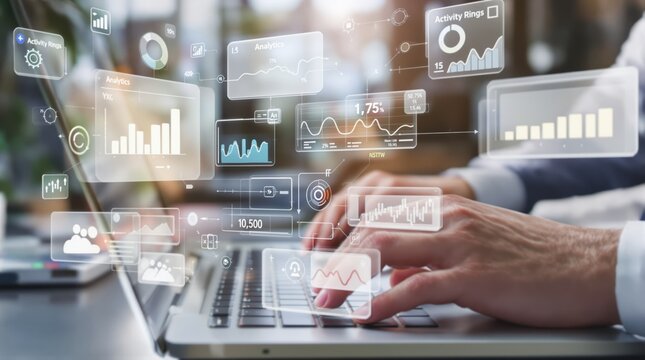 Businessman Analyzing Data on Laptop with Futuristic Interface Overlay.