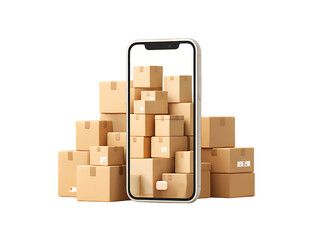 Smartphone displaying stack of cardboard delivery boxes isolated on transparent background