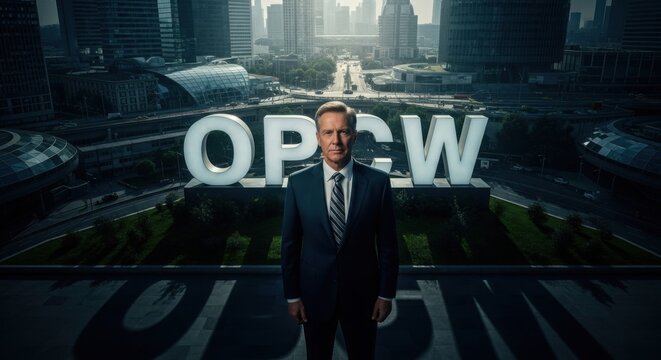 A Man Stands in Front of the OPCW Logo With a City Skyline Behind Him