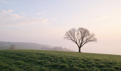 Obraz premium A lone tree in the middle of a grassy field.