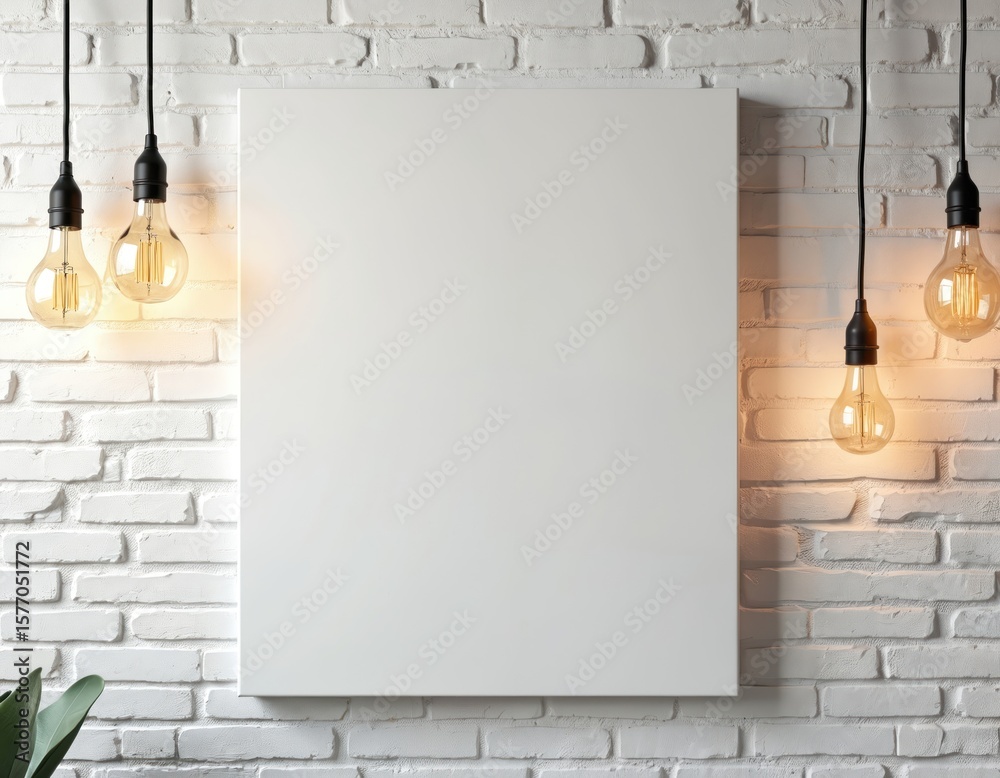 Poster white brick wall with rectangular canvas featuring yellow lightbulbs in triangular pattern. three li