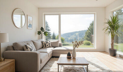 Fototapeta premium A living room with a sectional couch and a coffee table.