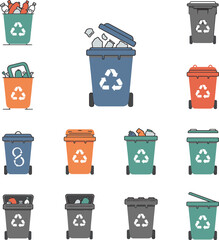 Collection of colorful recycling bins with various waste items inside, ready for disposal.