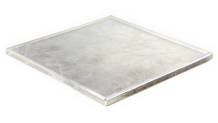A reflective metal sheet with a smooth surface, showcasing its subtle scratches and imperfections, ideal for industrial or artistic applications.
