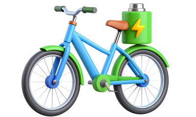 Fototapeta premium Electric bicycle blue frame green battery orange seat eco friendly modern transportation isolated 3D illustration clean energy