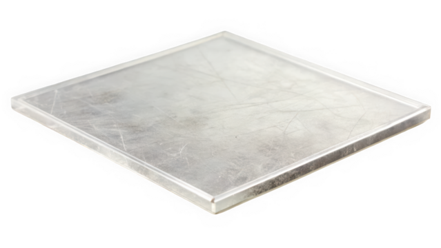 A reflective metal sheet with a smooth surface, showcasing its subtle scratches and imperfections, ideal for industrial or artistic applications.