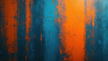 Vibrant abstract art piece with bold, sweeping brushstrokes. Geometric shapes, lines add complexity. Textured appearance with orange, blue hues. Distressed canvas with gray tones, orange, blue