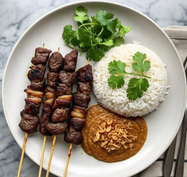 Grilled Sate Klatak skewers with rice and thick peanut sauce, garnished with fresh cilantro, showcasing Javanese culinary boldness.