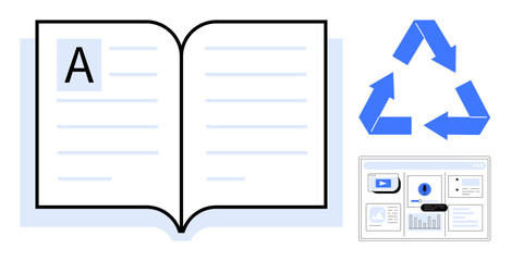 Open book with large A, blue recycling symbol, and a digital data dashboard. Ideal for education, sustainability, eco-friendly practices, digital learning, literacy, environment and productivity