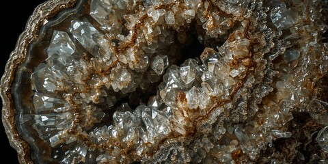 A close up of a geode with clear crystals and brown matrix on a dark background in macro view