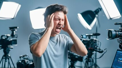 A young man screams in frustration, hands clutching his head, surrounded by cameras and bright studio lights, indicating stress or technical issues
