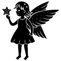 Child angel holding star silhouette wings