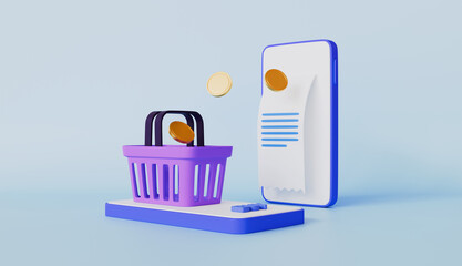 Online shopping and payment with mobile phone, Bill and basket with buy button concept