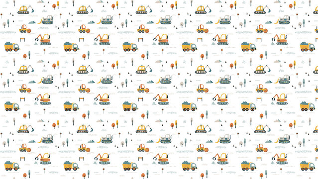 A playful pattern featuring construction vehicles on a white background with trees and clouds