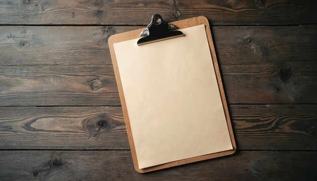 Wooden desk with gray surface, light brown wood grain texture. Beige clipboard on top with black clip, practical for notes, reminders, messages. Rustic, wooden, blank background for design, template.