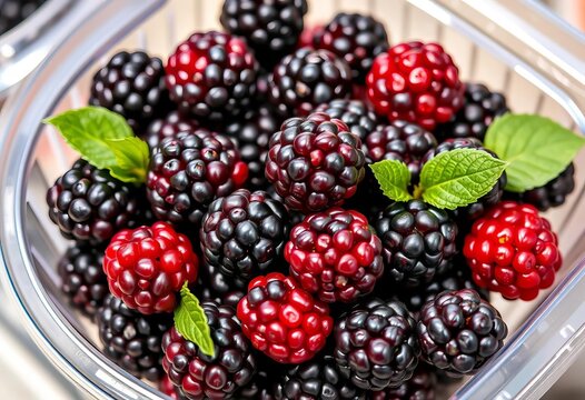 A pint of fresh blackberries in a clear plastic clamshell container, berries, ripe