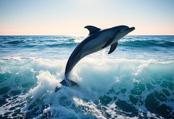 A playful dolphin arcs gracefully above breaking ocean waves, sunlight glistening on its sleek skin,  marine mammal,  jump