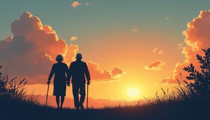 Fototapeta premium Couple stands together on grassy field under setting sun. Man, woman hold walking sticks, smiling, as walk hand in hand. Elderly pair enjoy outdoor activity, surrounded by nature, sunshine,.