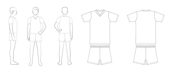 バレーボールユニフォームテンプレート（男性・半袖・無地／線画）Men’s Volleyball Uniform Template – Short Sleeve, Line Art, Front/Side/Back

