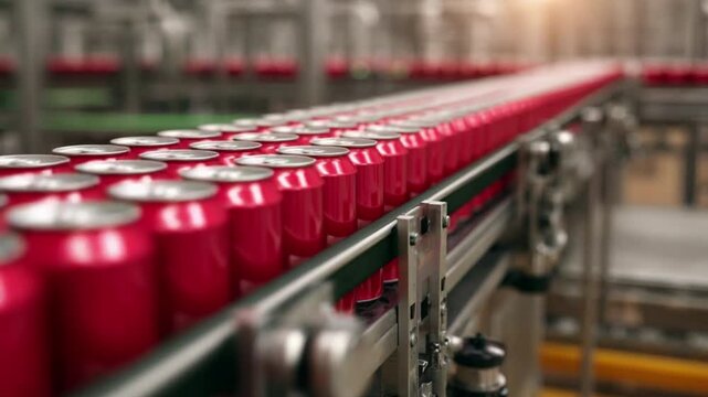 Rows of red aluminum cans lined up on a conveyor belt in a beverage production facility.