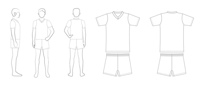 バレーボールユニフォームテンプレート（男性・半袖・無地／線画）Men&rsquo;s Volleyball Uniform Template &ndash; Short Sleeve, Line Art, Front/Side/Back

