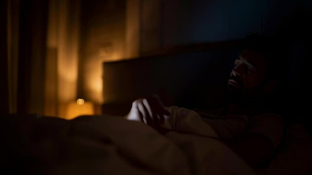 A man is sitting on a bed with a laptop open in front of him. He is looking at the screen with a serious expression on his face. The room is dark, and the only light source is the laptop screen