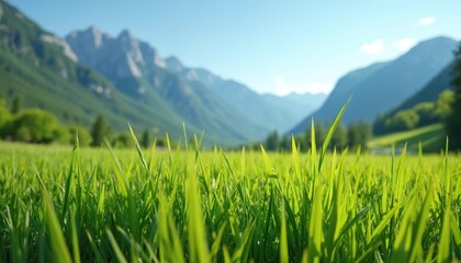 Fototapeta premium Vibrant green field with central brown flower, possibly weed, amidst majestic mountains in background. Dominant green and brown colors create harmonious natural blend.