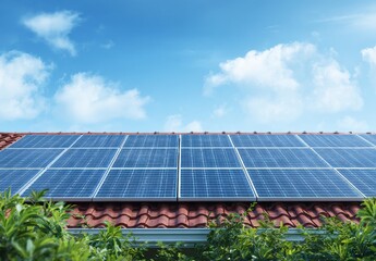 Naklejka premium Vibrant photo of photovoltaic panel on the roof of an American home, against a blue sky with clouds. The roof tiles are red and have green plants in front of them.