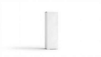 Isolated close up of a tall narrow rectangular white cardboard box on a white background in studio shot
