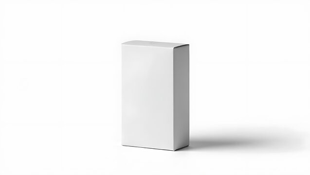 A single white rectangular box standing upright on a white surface in a studio setting with shadow - Powered by Adobe