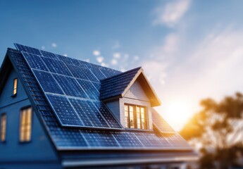 Vibrant photo of solar panel on the roof of an energy-efficient house, representing green technology and sustainable living.
