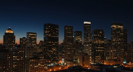 Obraz premium Nighttime skyscraper with glowing windows and gradient sky fading from dark blue to black
