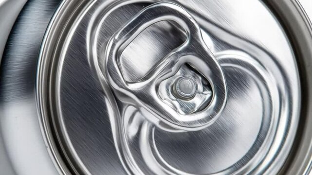 A close-up view of the top of an unopened aluminum can, focusing on the intact pull tab.