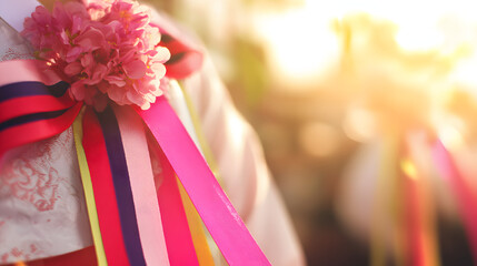Taegeukgi ribbons and mugunghwa flowers, symbolizing Korean pride and liberation, with traditional hanbok softly in the background