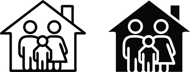 Family Home Icon Vector, House Parents Children Outline and Solid Symbol