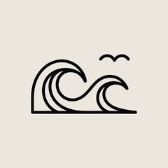 Naklejka premium Minimalist Black Line Art Illustration of Ocean Waves and a Small Bird Simple Graphic Design Element for Website or App