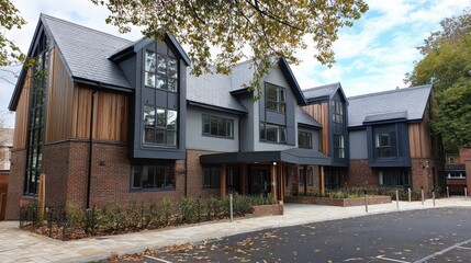 Vibrant photo of exterior view of residential care home in UK.