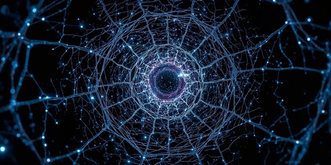 Fototapeta premium Abstract tunnel of glowing blue networks converging towards a central dark circular vortex point