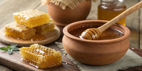 Honey in a clay pot with a wooden spoon. Honeycombs nearby.