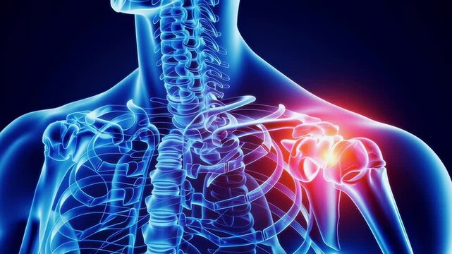 A man's skeleton is shown with a red and blue color scheme. The red color is used to represent pain and the blue color is used to represent the bones