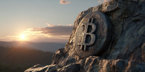Bitcoin symbol carved on a mountain cliff with sunset light hitting it, symbolizing timeless strength and value.