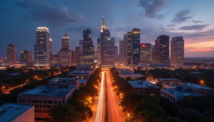 Fototapeta premium Nighttime cityscape of Dallas Texas skyline, densely populated with tall buildings, streetlights, illuminated architecture. Panoramic view of urban landscape, North Texas skyline visible in distance,