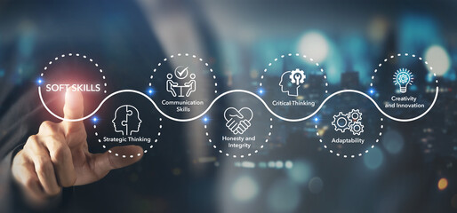 Soft skills (human skills), the value of the human in the age of AI. Interfacing with icons...