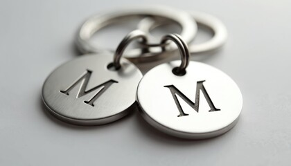 Close-up view of silver keychains with engraved initials. Keyring features small round disc bearing black letter M. Keyrings rest on white surface, contrasting with metallic, plain background. Shiny