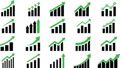 Growing Graph icon set.A dynamic illustration featuring a rising chart with arrow, business bar sign, and progress bar symbol, representing success and profit growth. Ideal for apps, websites.