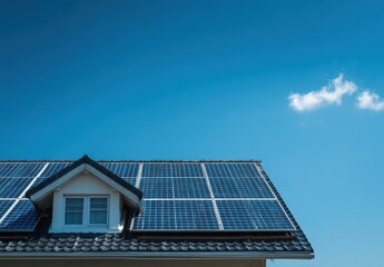 Fototapeta premium Vibrant photo of photo of a house with solar panels on the roof, on a sunny day. Web banner with copy space on the right.