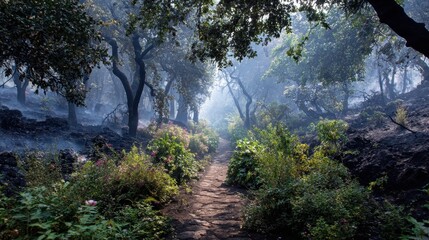 Misty path leads through a lush, green forest with dark, charred undergrowth. Use this for nature blogs, ecological articles, and conservation campaigns.