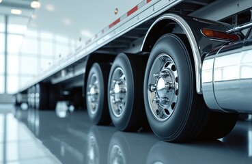 Truck in garage with three tires stacked on black and silver wheels, securely fastened with black lugs. White semi truck trailer extends beyond image, extending to top right corner.